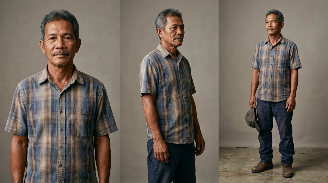 Mang Eduardo three-pose continuity reference sheet
