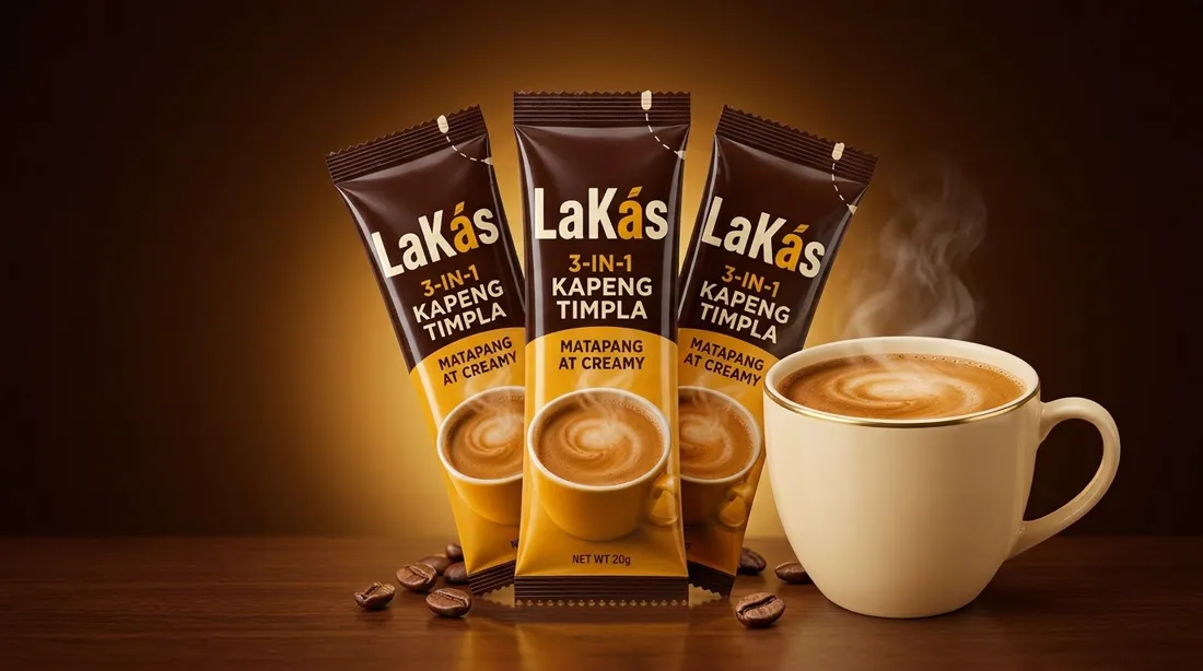 LaKás 3-in-1 Kapeng Timpla sachets beside a steaming cup