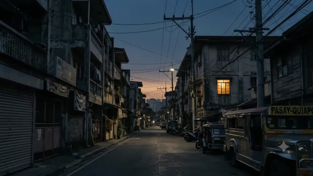 Pre-dawn Manila street, one lit window, frame at 0:04