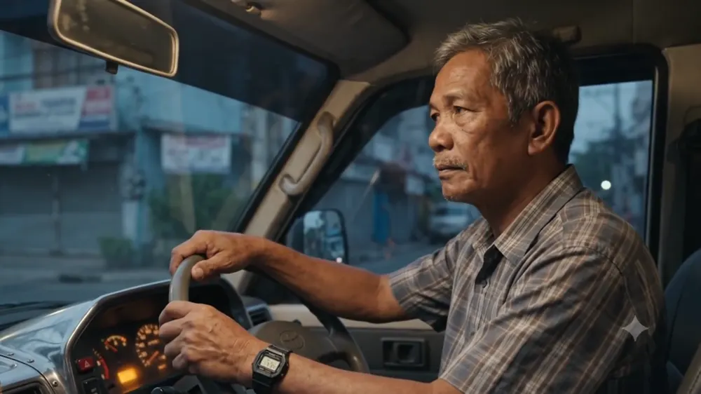 Mang Eduardo at the wheel of his jeepney, frame at 0:13
