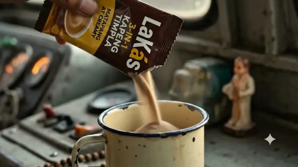 LaKás sachet poured into an enamel cup on the dashboard, frame at 0:19