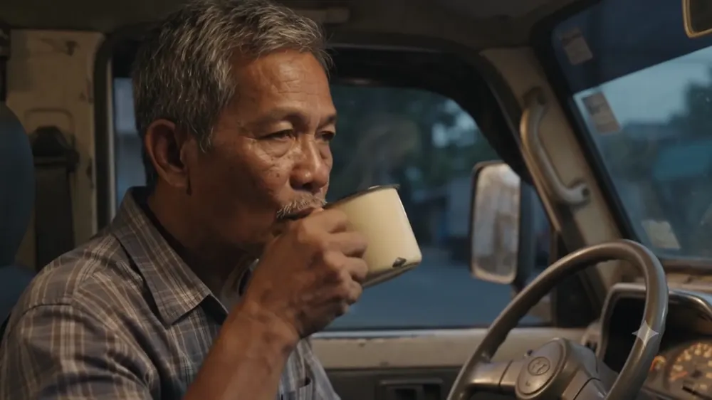 The first sip behind the wheel, frame at 0:27