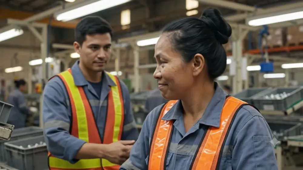 Maria and a colleague on the factory floor, frame at 1:00
