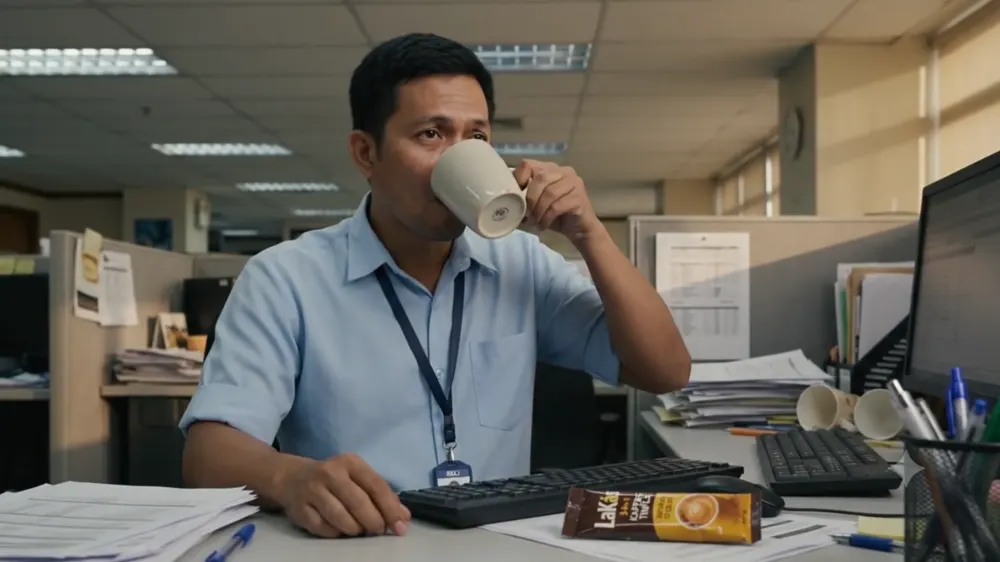 The desk shift, coffee against the afternoon slump, frame at 1:28
