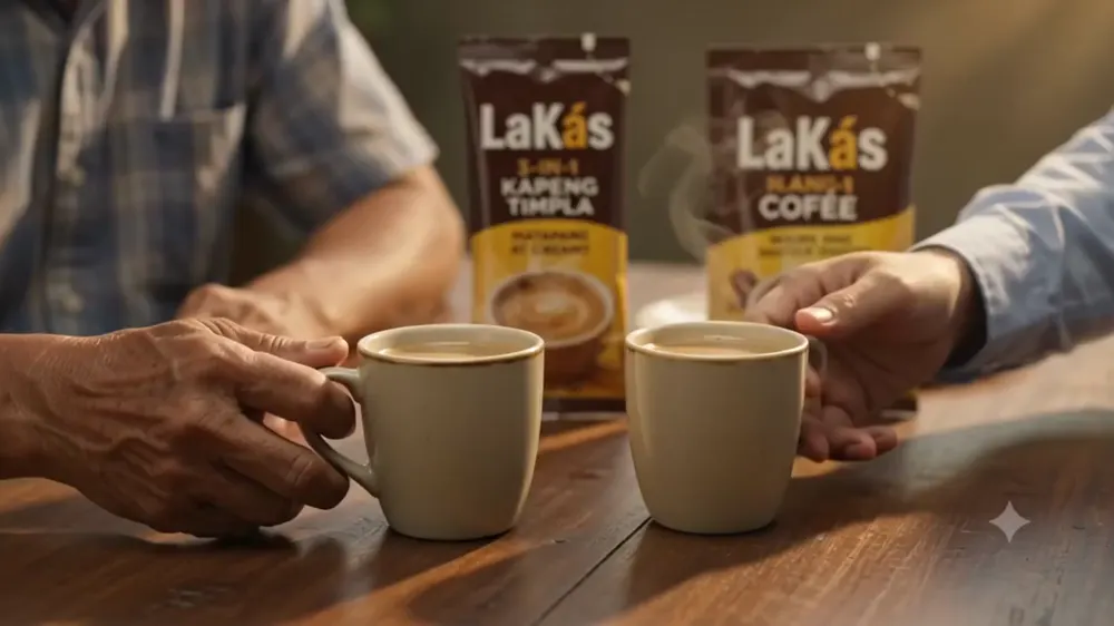 Cups raised over the table, sachets standing by, frame at 1:44