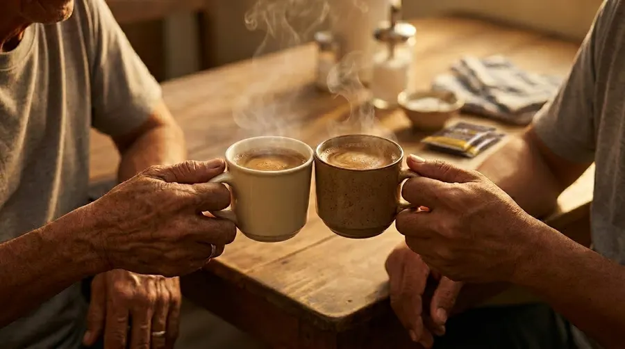 Hands raising enamel cups together