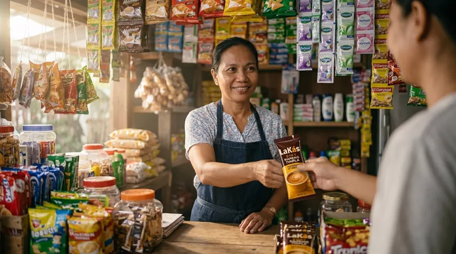 Aling Nena handing a sachet across the counter