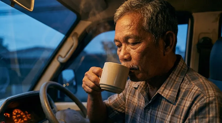 Mang Eduardo with his cup inside the jeepney