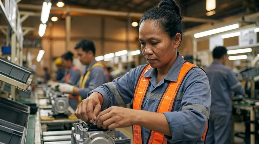 Maria focused on the factory line