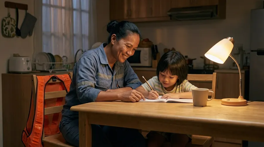 Ana helping her child with homework at night