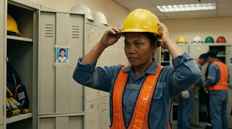 Maria fastening her yellow safety helmet