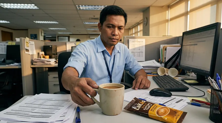 An office worker reaching for his mug